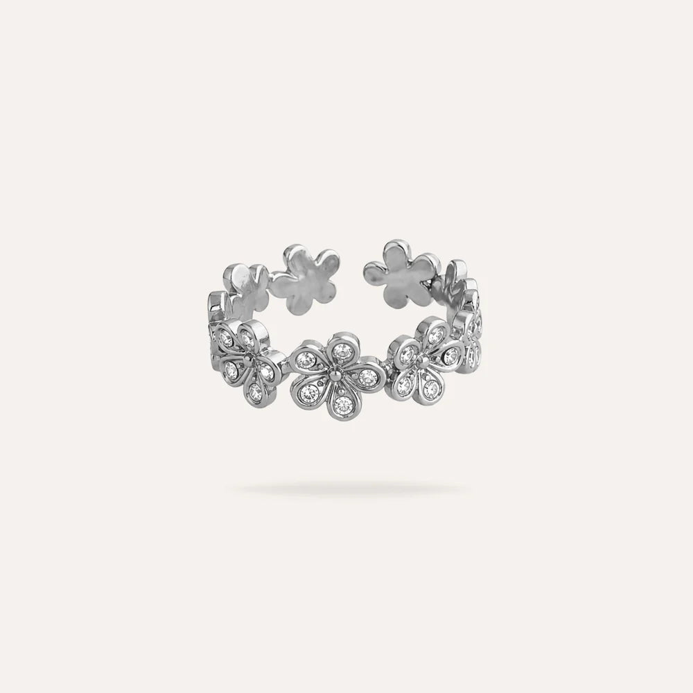 Vittoria | Bague fleurs en acier inoxydable et zircons