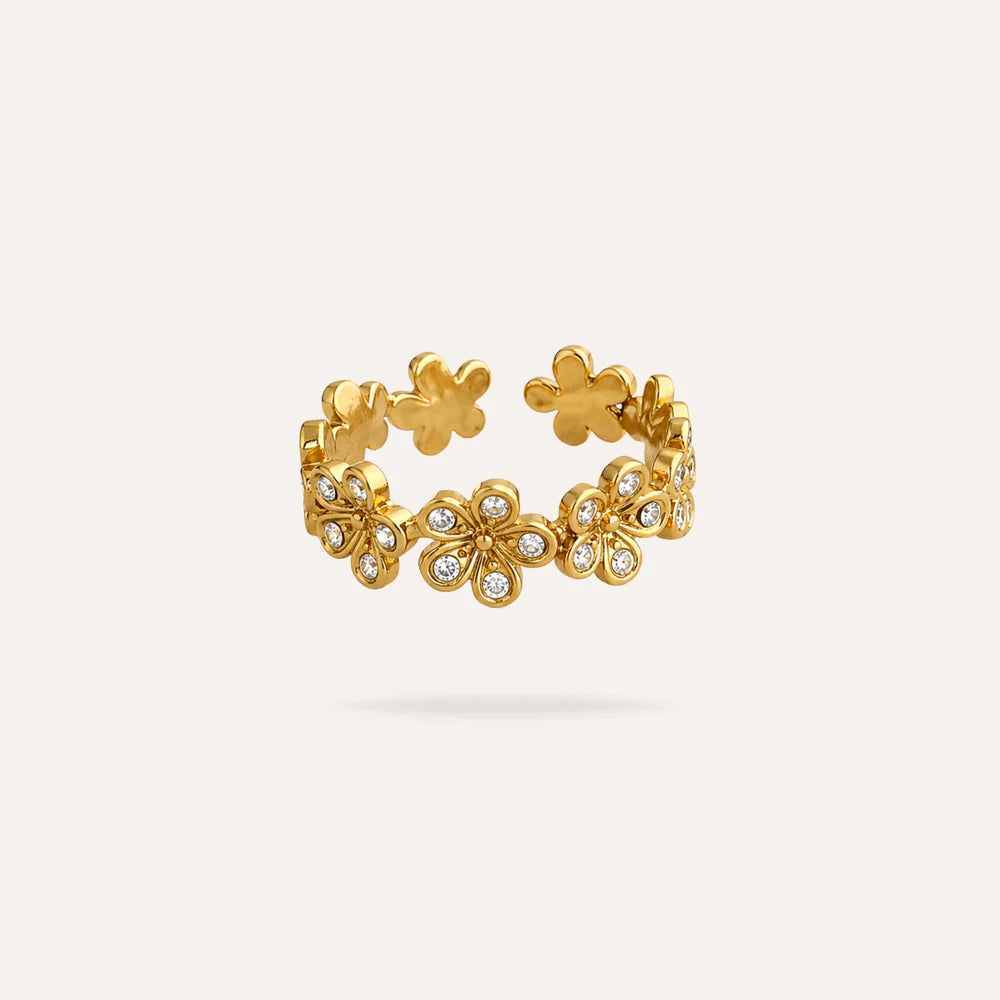 Vittoria | Bague fleurs en acier inoxydable et zircons