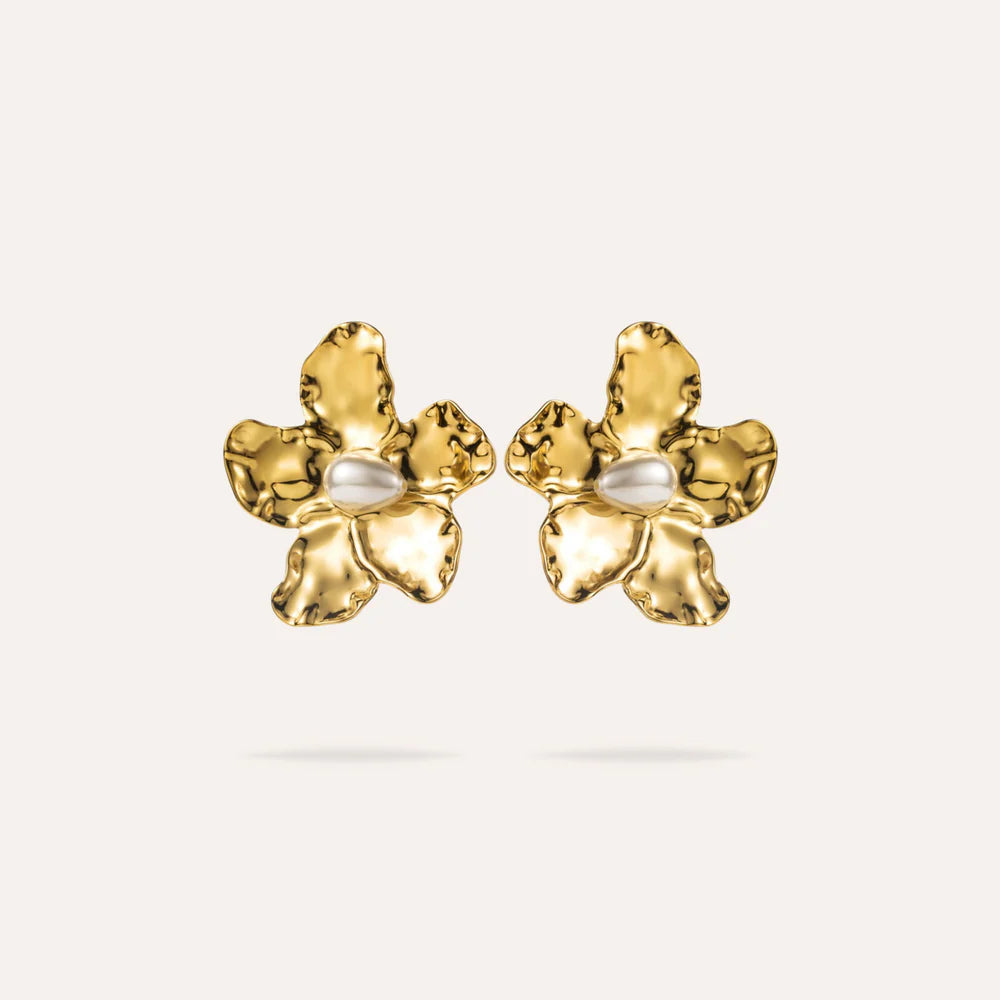 Amandine | Boucles d'oreilles grosses fleurs et perles d'eau douce en acier inoxydable