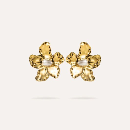 Amandine | Boucles d'oreilles grosses fleurs et perles d'eau douce en acier inoxydable